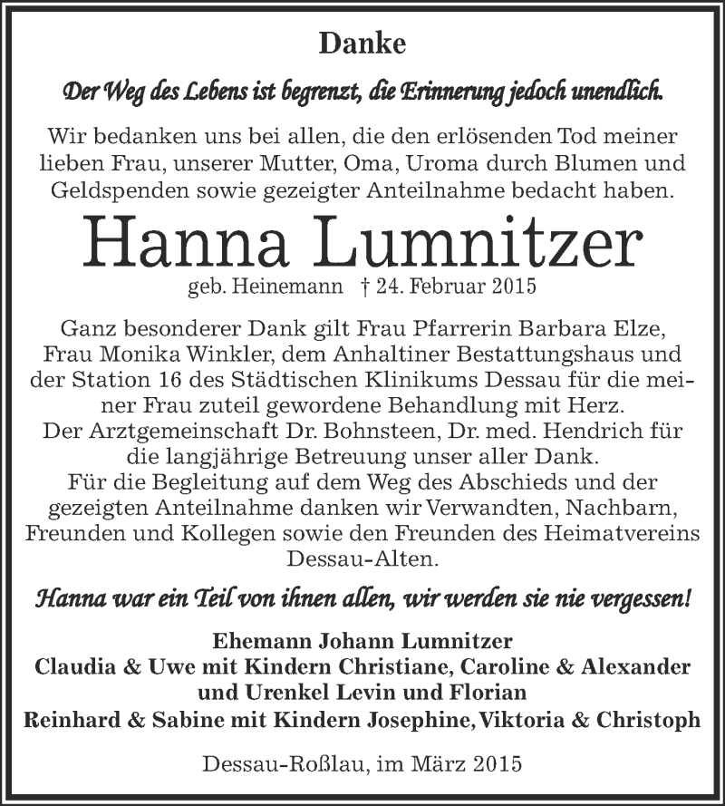  Traueranzeige für Hanna Lumnitzer vom 22.03.2015 aus WVG - Wochenspiegel Dessau / Köthen