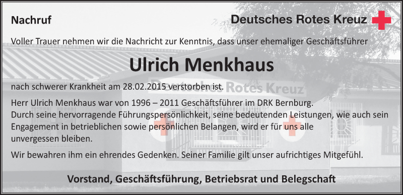  Traueranzeige für Ulrich Menkhaus vom 07.03.2015 aus Mitteldeutsche Zeitung Bernburg