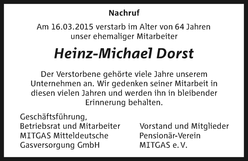  Traueranzeige für Heinz-Michael Dorst vom 28.03.2015 aus Mitteldeutsche Zeitung Halle/Saalkreis