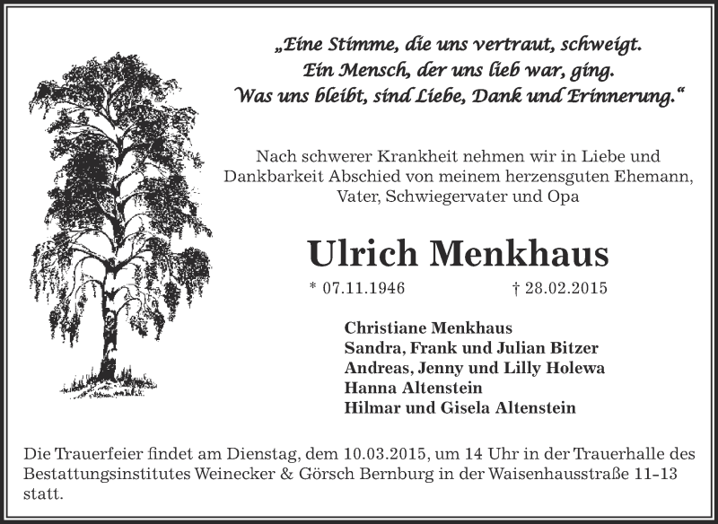  Traueranzeige für Ulrich Menkhaus vom 08.03.2015 aus Super Sonntag Bernburg