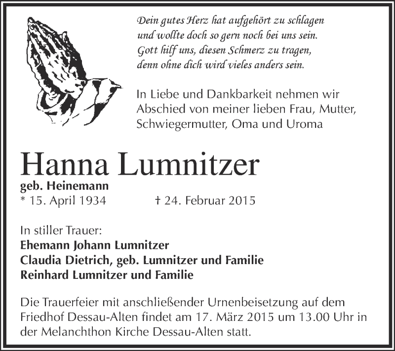  Traueranzeige für Hanna Lumnitzer vom 08.03.2015 aus WVG - Wochenspiegel Dessau / Köthen