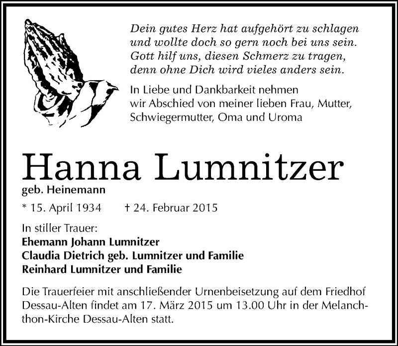  Traueranzeige für Hanna Lumnitzer vom 07.03.2015 aus Mitteldeutsche Zeitung Dessau-Roßlau
