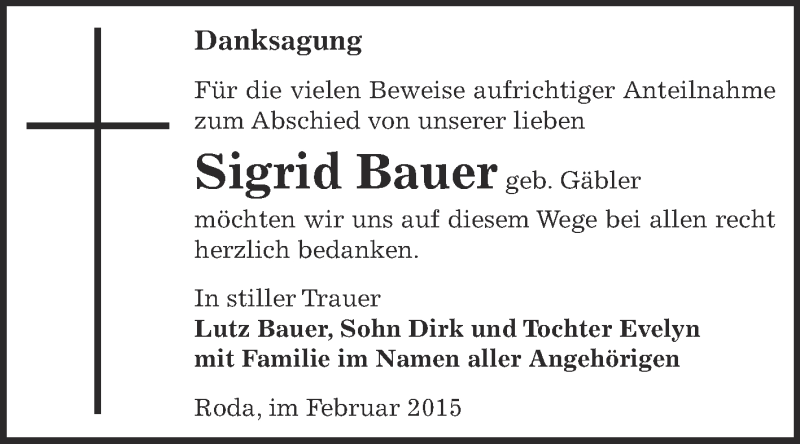  Traueranzeige für Sigrid Bauer vom 01.03.2015 aus Super Sonntag Zeitz