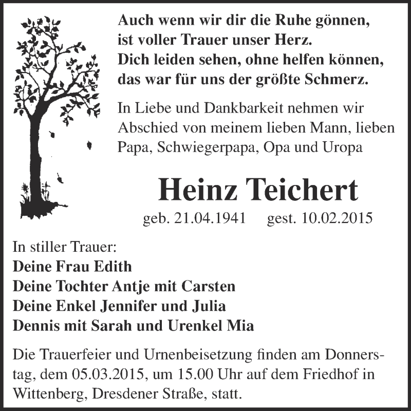  Traueranzeige für Heinz Teichert vom 01.03.2015 aus WVG - Wochenspiegel Wittenberg