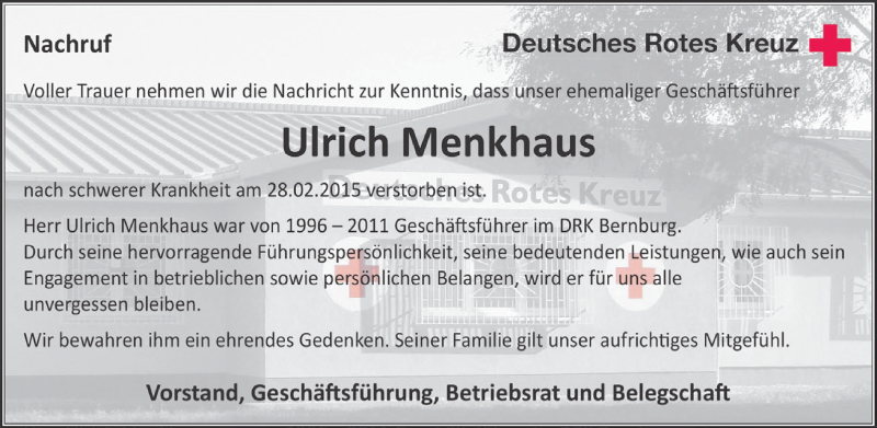  Traueranzeige für Ulrich Menkhaus vom 11.03.2015 aus WVG - Wochenspiegel Bernburg