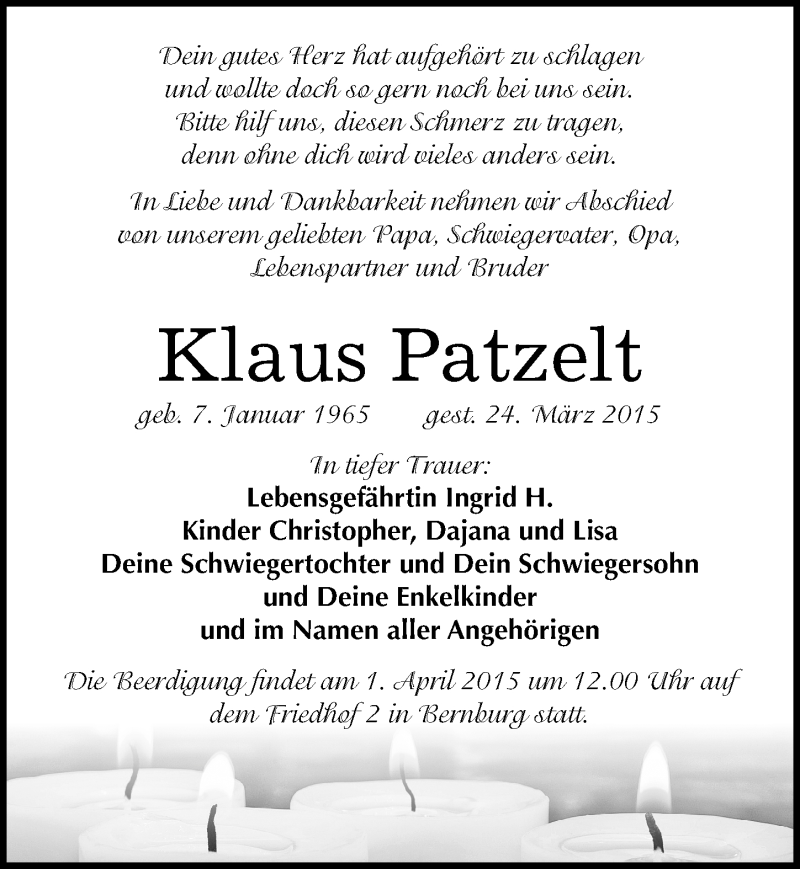  Traueranzeige für Klaus Patzelt vom 28.03.2015 aus Mitteldeutsche Zeitung Bernburg