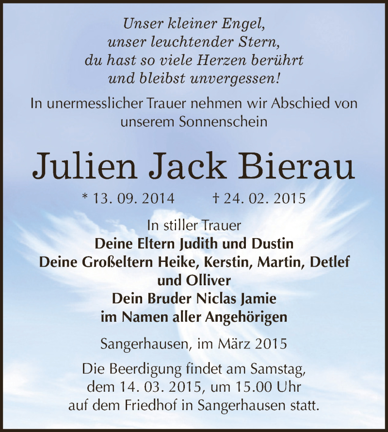  Traueranzeige für Julien Jack Bierau vom 08.03.2015 aus Super Sonntag SGH Mansf. Land