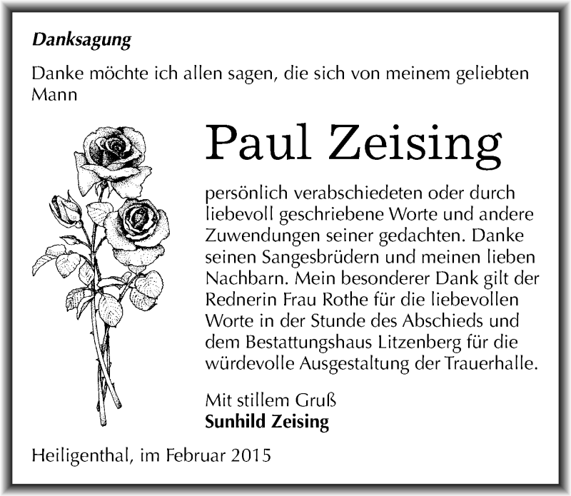  Traueranzeige für Paul Zeising vom 06.03.2015 aus Mitteldeutsche Zeitung Mansfelder Land