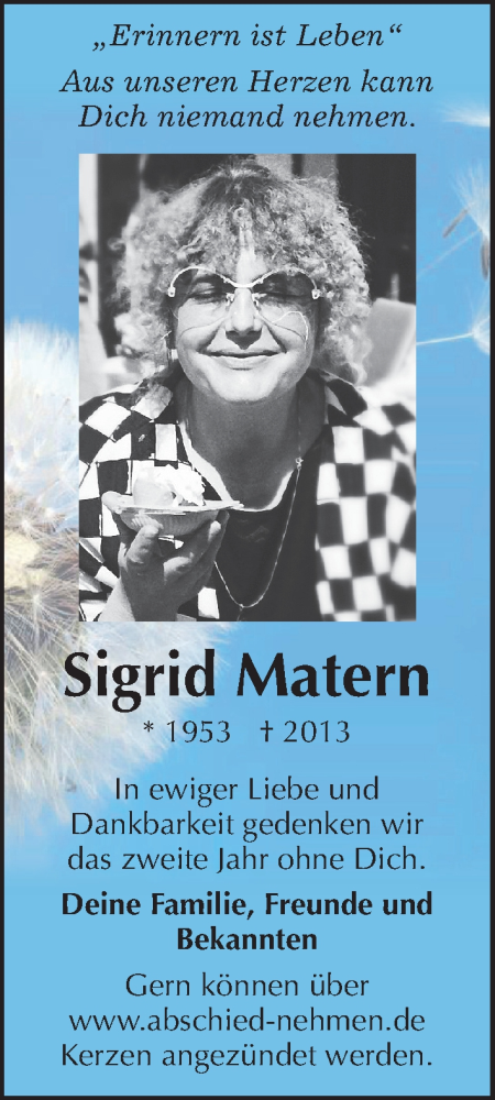  Traueranzeige für Sigrid Matern vom 26.03.2015 aus Mitteldeutsche Zeitung Halle/Saalkreis