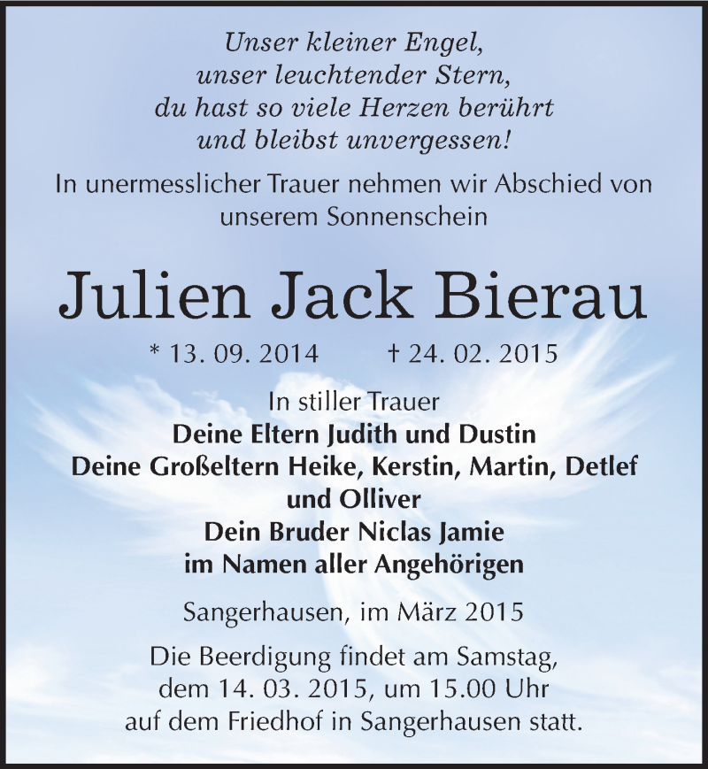  Traueranzeige für Julien Jack Bierau vom 07.03.2015 aus Mitteldeutsche Zeitung Sangerhausen