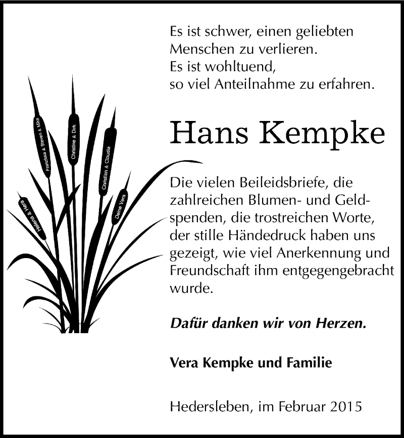  Traueranzeige für Hans Kempke vom 06.03.2015 aus Mitteldeutsche Zeitung Mansfelder Land
