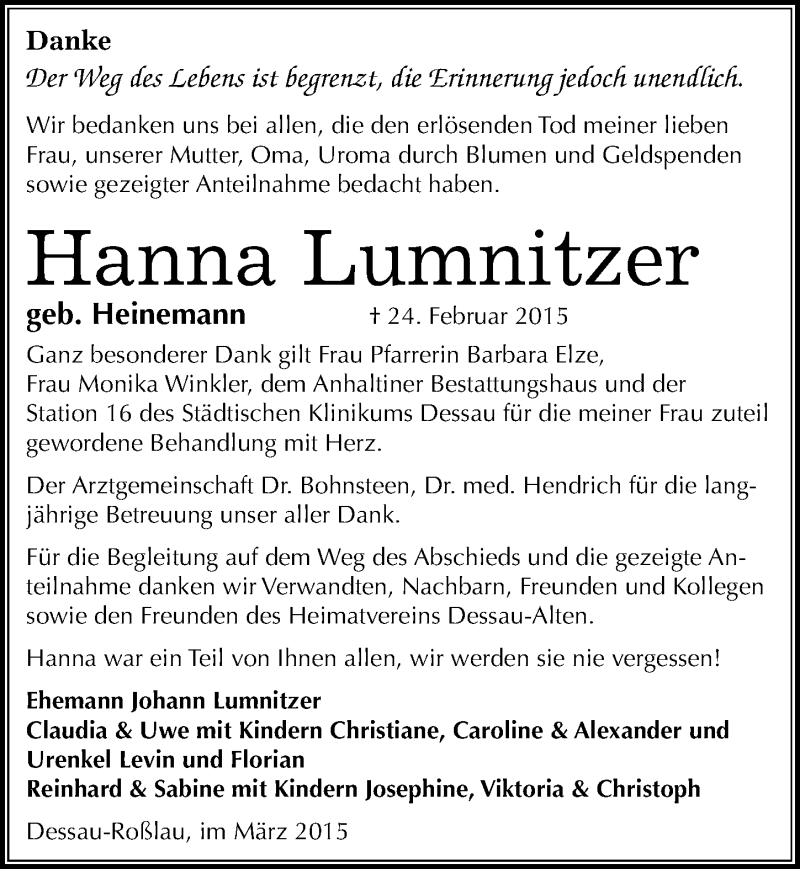  Traueranzeige für Hanna Lumnitzer vom 21.03.2015 aus Mitteldeutsche Zeitung Dessau-Roßlau