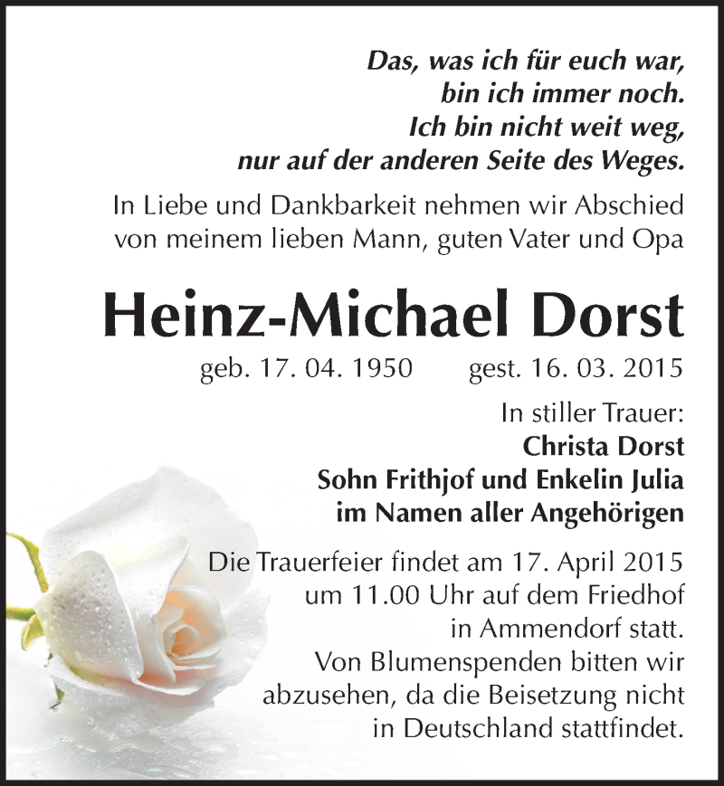  Traueranzeige für Heinz-Michael Dorst vom 28.03.2015 aus Mitteldeutsche Zeitung Halle/Saalkreis