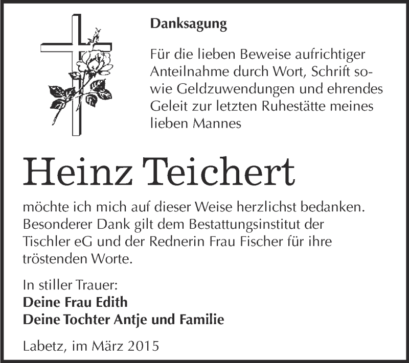  Traueranzeige für Heinz Teichert vom 15.03.2015 aus WVG - Wochenspiegel Wittenberg