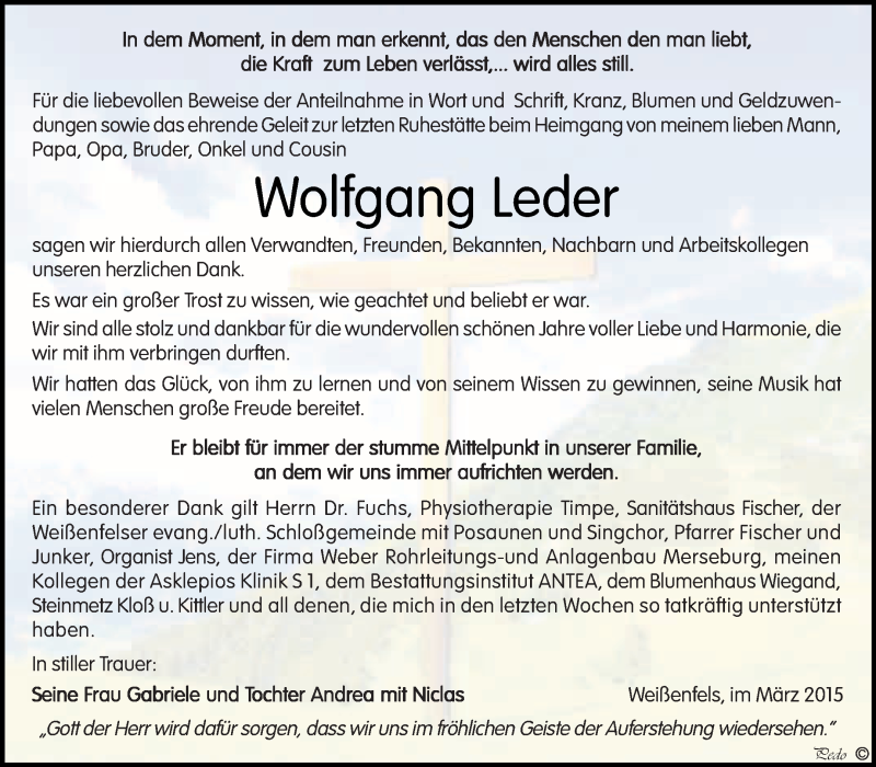  Traueranzeige für Wolfgang Leder vom 11.03.2015 aus WVG - Wochenspiegel NMB / WSF / ZTZ