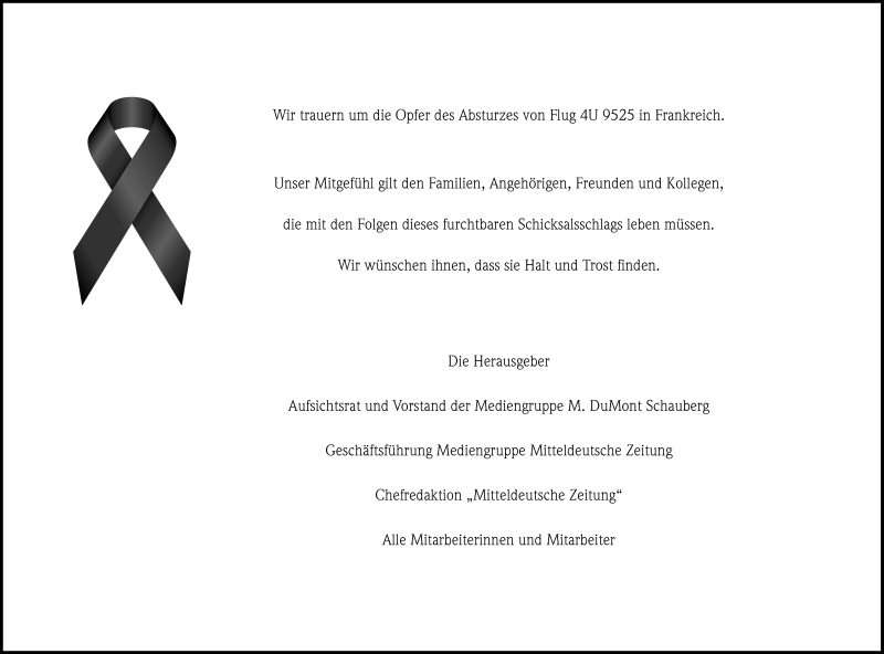  Traueranzeige für Opfer des Flugzeugabsturzes  vom 28.03.2015 aus Mitteldeutsche Zeitung