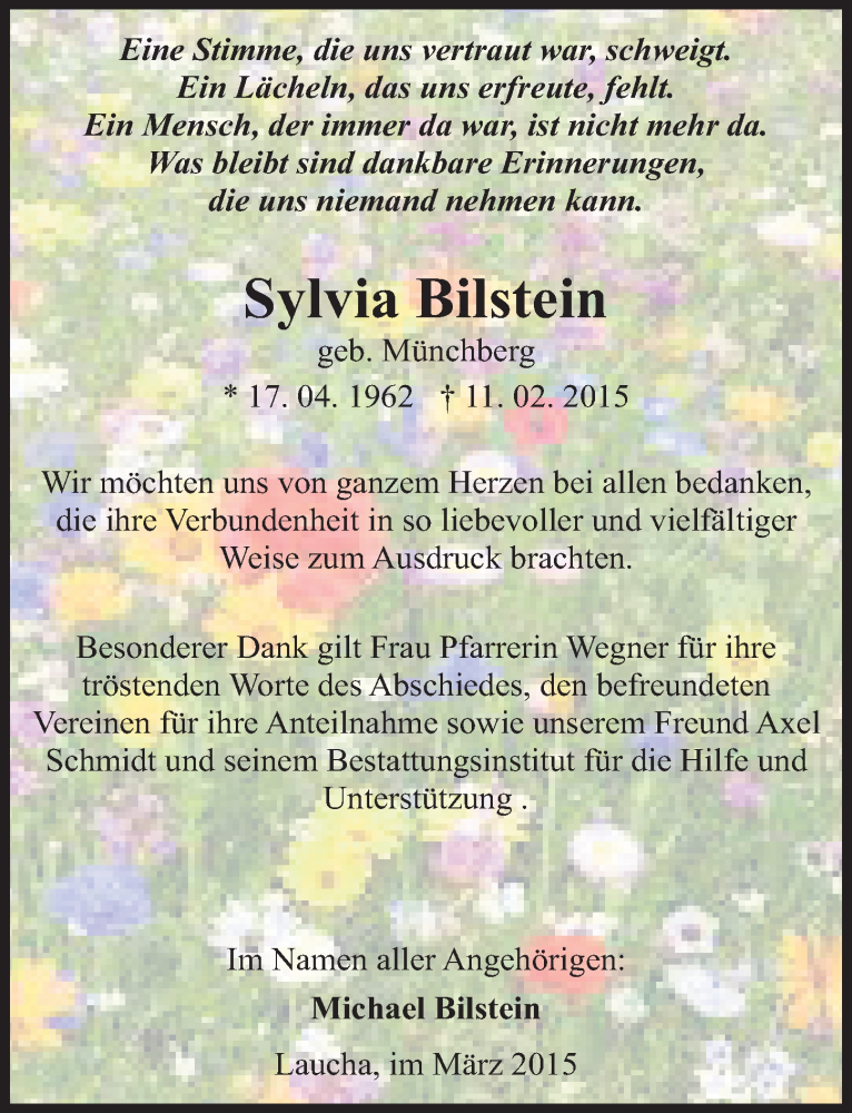  Traueranzeige für Sylvia Bilstein vom 14.03.2015 aus Mitteldeutsche Zeitung Naumburg/Nebra