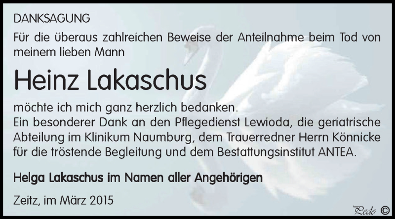  Traueranzeige für Heinz Lakaschus vom 29.03.2015 aus Super Sonntag Zeitz