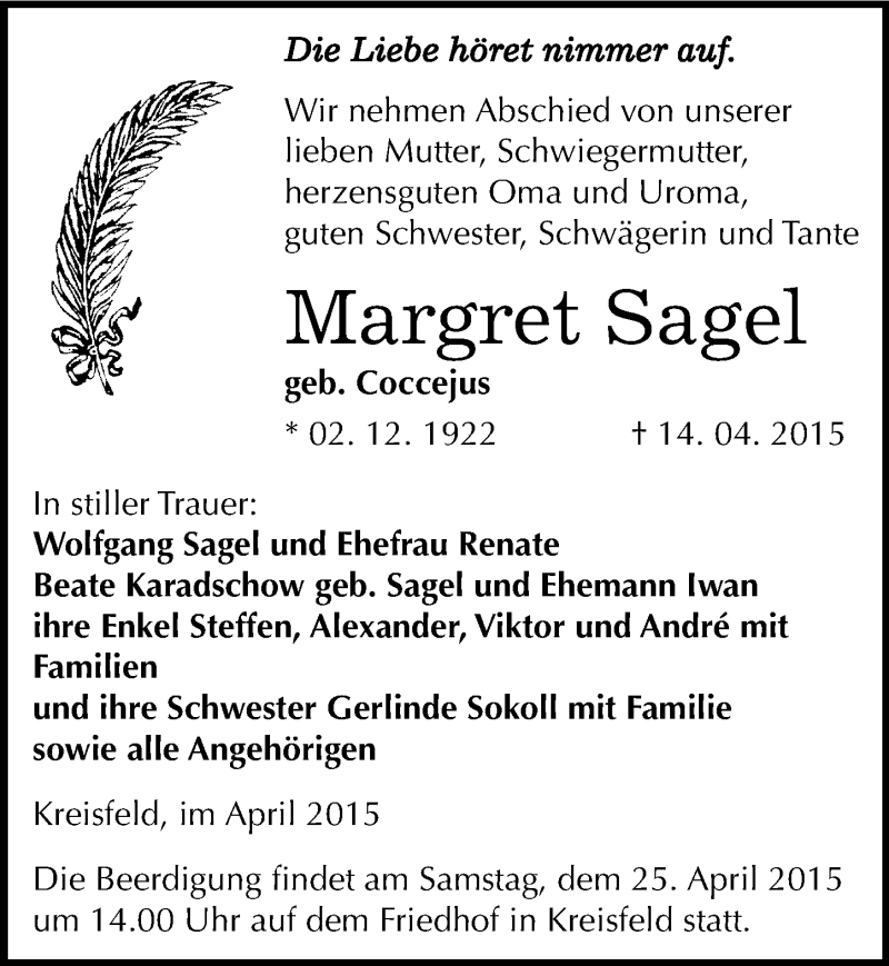  Traueranzeige für Margret Sagel vom 18.04.2015 aus Mitteldeutsche Zeitung Mansfelder Land
