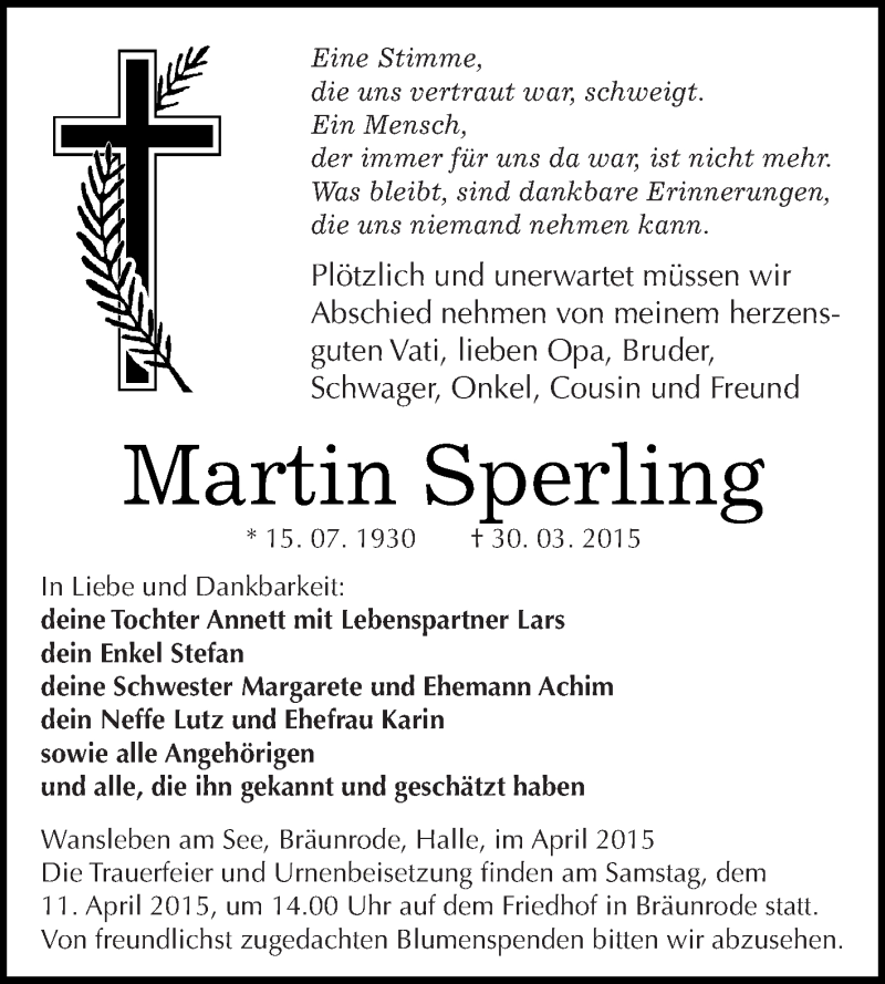  Traueranzeige für Martin Sperling vom 08.04.2015 aus Wochenspiegel Mansfelder Land
