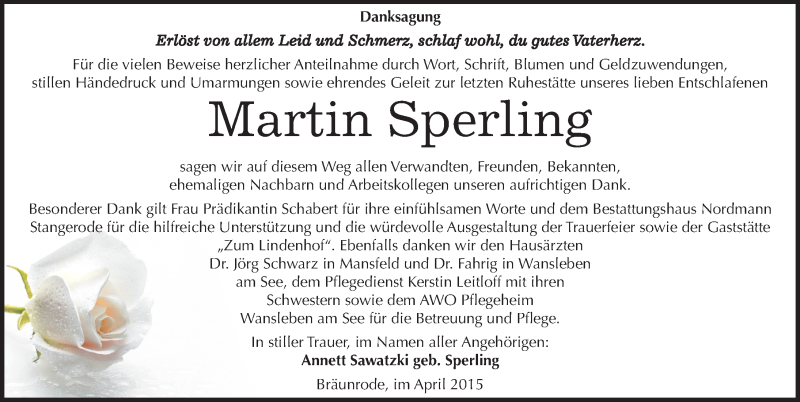  Traueranzeige für Martin Sperling vom 18.04.2015 aus Mitteldeutsche Zeitung Mansfelder Land