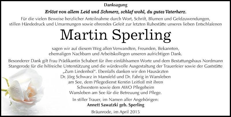  Traueranzeige für Martin Sperling vom 22.04.2015 aus Wochenspiegel Mansfelder Land