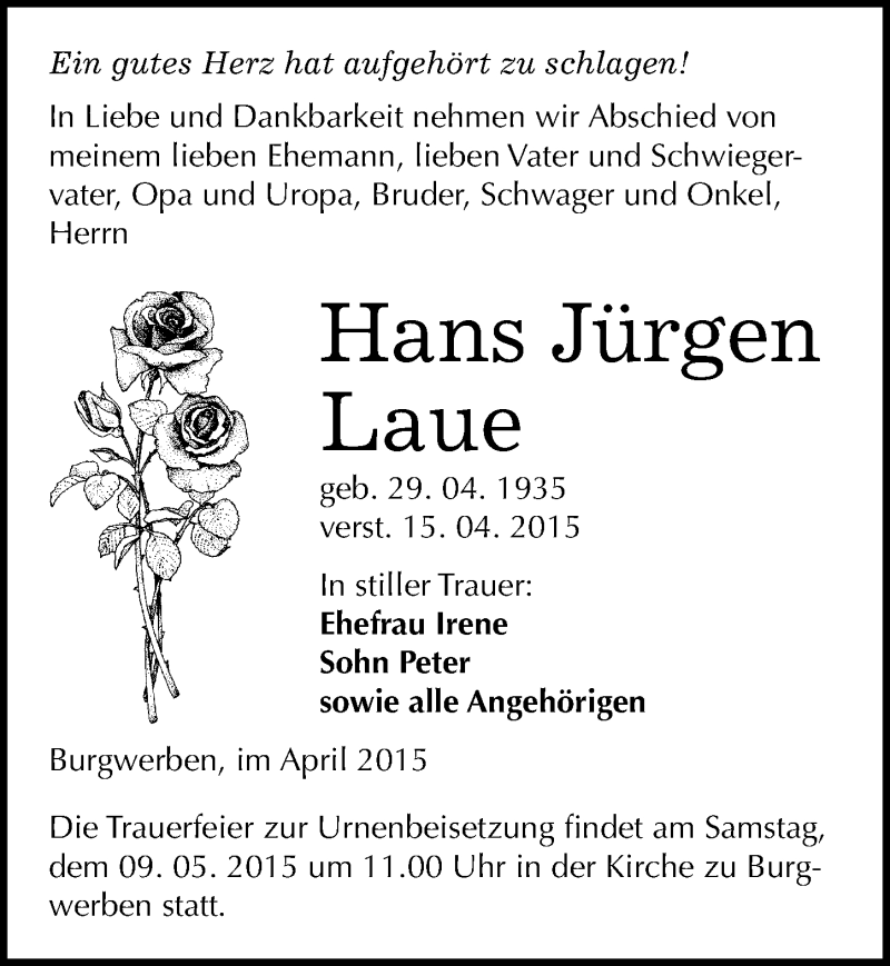  Traueranzeige für Hans Jürgen Laue vom 25.04.2015 aus Mitteldeutsche Zeitung Weißenfels