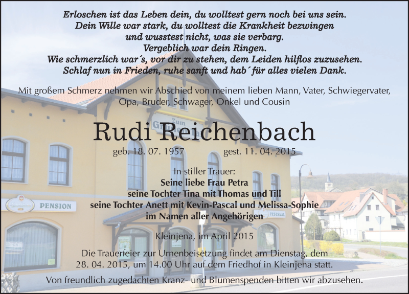  Traueranzeige für Rudi Reichenbach vom 21.04.2015 aus Mitteldeutsche Zeitung Naumburg/Nebra