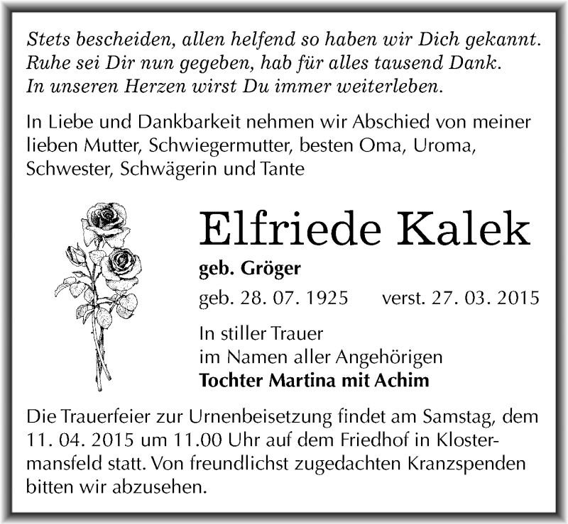  Traueranzeige für Elfriede Kalek vom 04.04.2015 aus Mitteldeutsche Zeitung Mansfelder Land