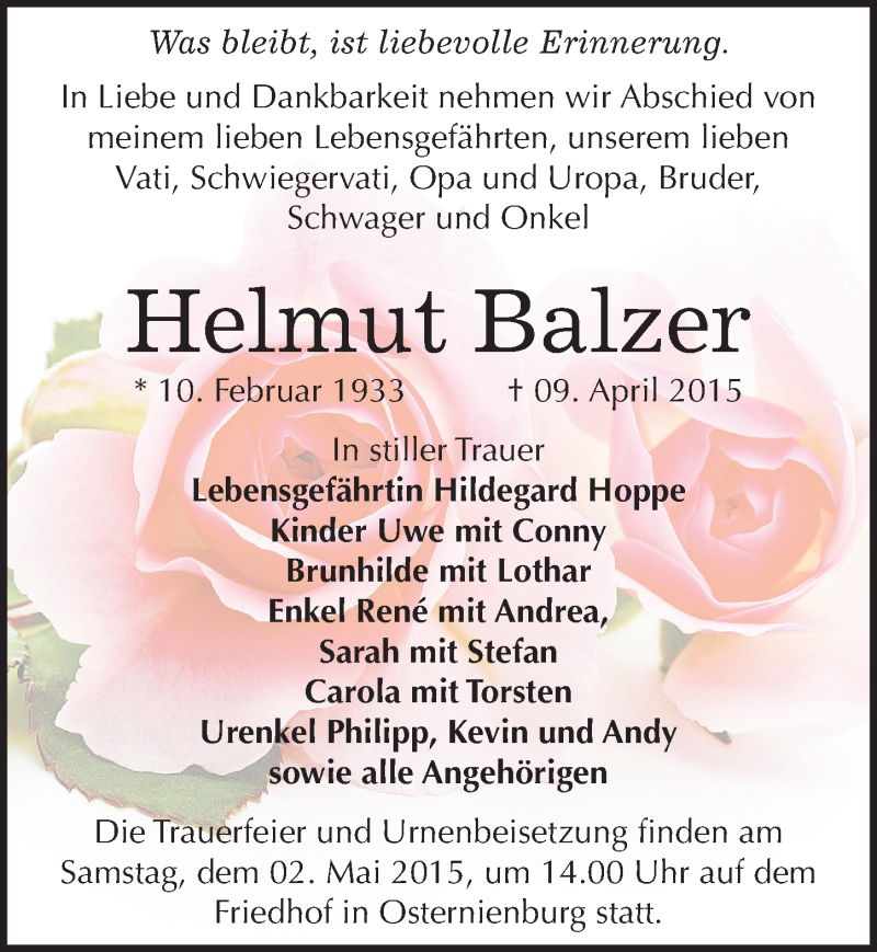  Traueranzeige für Helmut Balzer vom 11.04.2015 aus Mitteldeutsche Zeitung Köthen