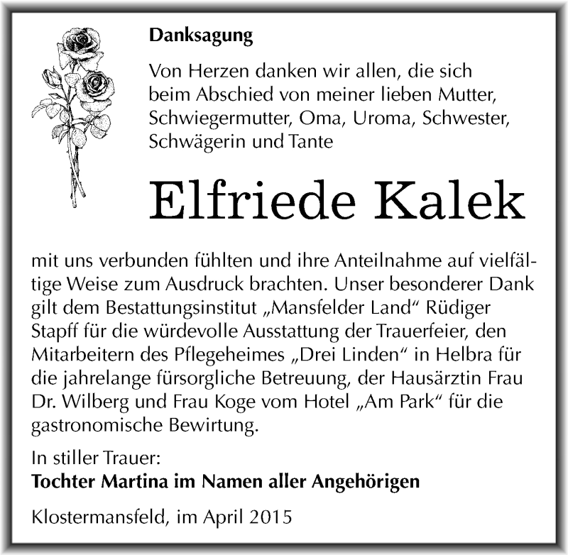  Traueranzeige für Elfriede Kalek vom 18.04.2015 aus Mitteldeutsche Zeitung Mansfelder Land