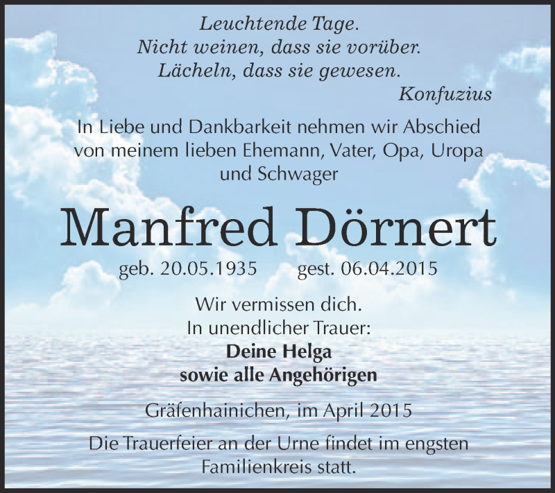  Traueranzeige für Manfred Dörnert vom 19.04.2015 aus WVG - Wochenspiegel Wittenberg