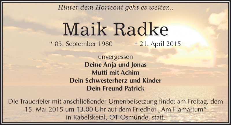  Traueranzeige für Maik Radke vom 02.05.2015 aus Mitteldeutsche Zeitung Halle/Saalkreis