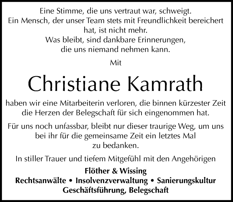  Traueranzeige für Christiane Kamrath vom 23.05.2015 aus Mitteldeutsche Zeitung Halle/Saalkreis