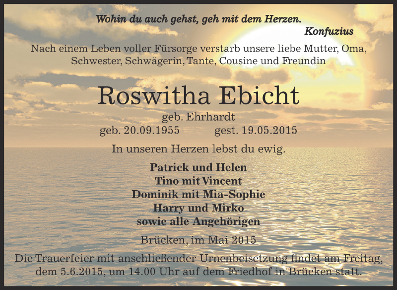  Traueranzeige für Roswitha Ebicht vom 31.05.2015 aus Super Sonntag SGH Mansf. Land