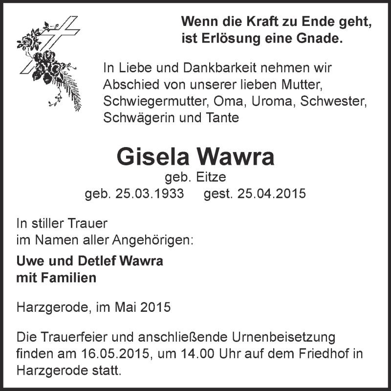  Traueranzeige für Gisela Wawra vom 03.05.2015 aus Super Sonntag Quedlinburg