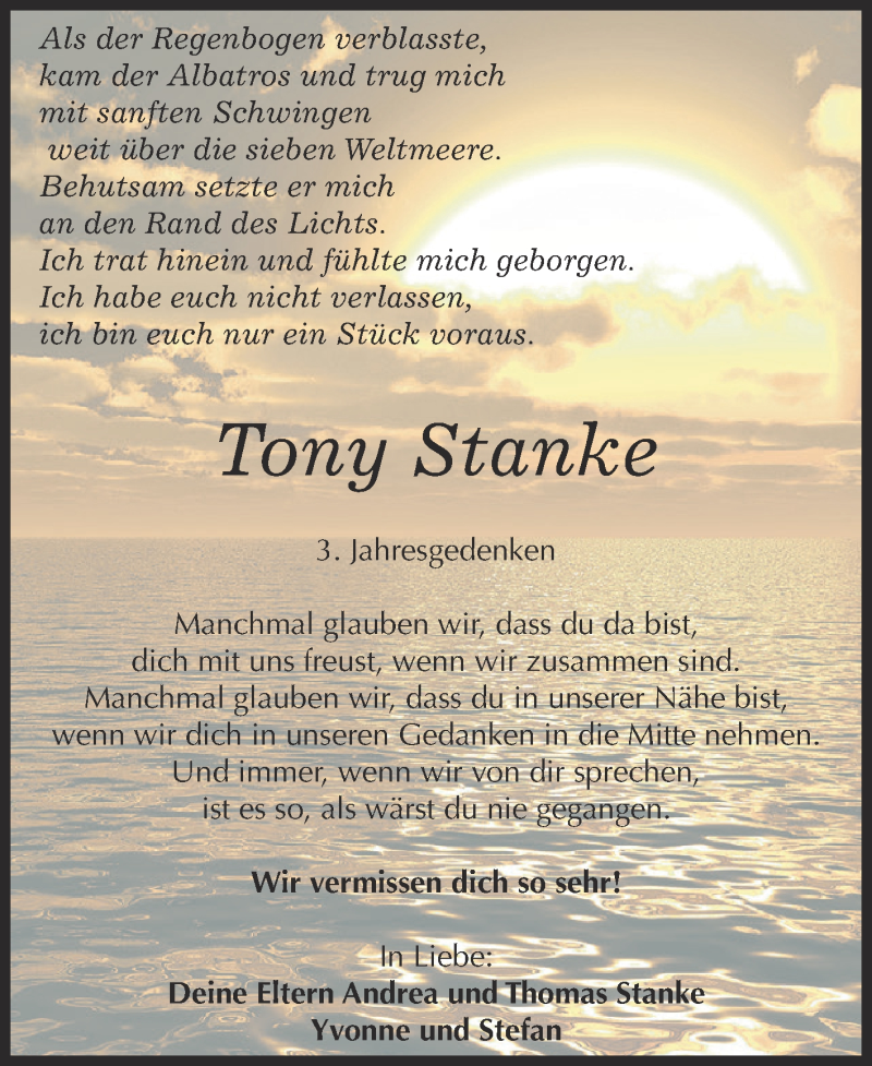  Traueranzeige für Tony Stanke vom 24.05.2015 aus Super Sonntag Zeitz