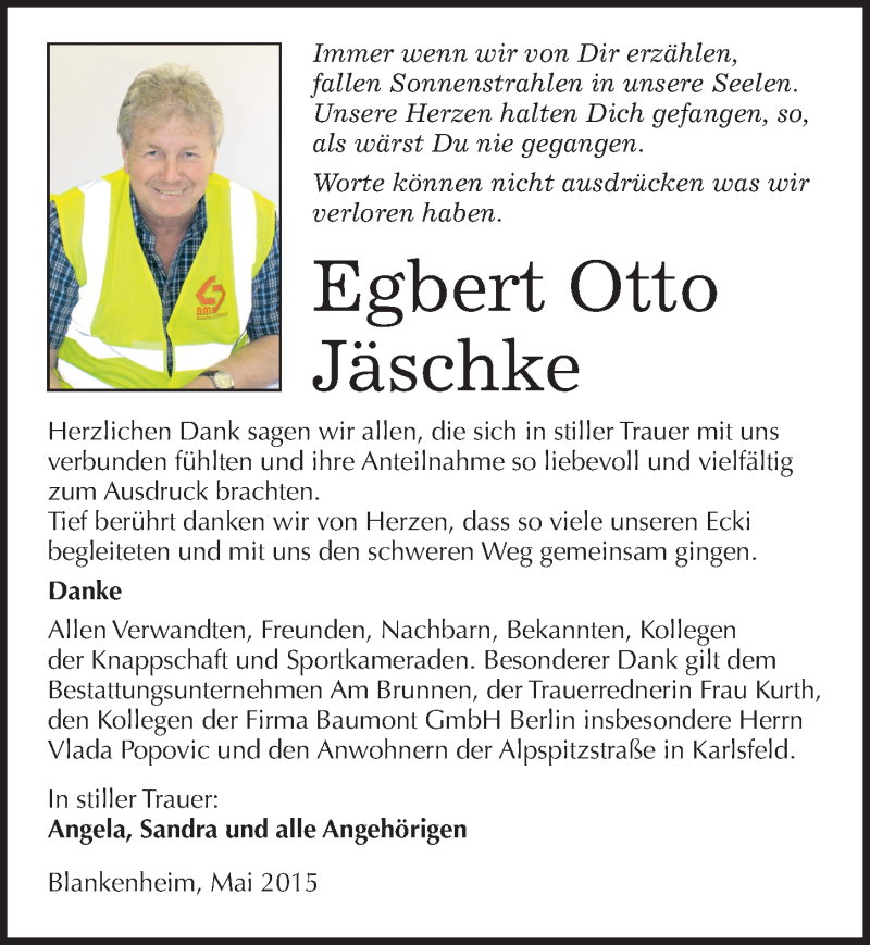  Traueranzeige für Egbert Otto Jäschke vom 20.05.2015 aus Mitteldeutsche Zeitung Mansfelder Land