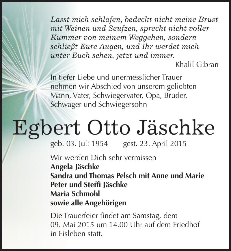  Traueranzeige für Egbert Otto Jäschke vom 02.05.2015 aus Mitteldeutsche Zeitung Mansfelder Land