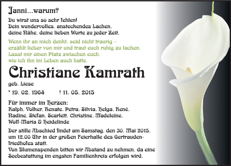  Traueranzeige für Christiane Kamrath vom 23.05.2015 aus Mitteldeutsche Zeitung Halle/Saalkreis