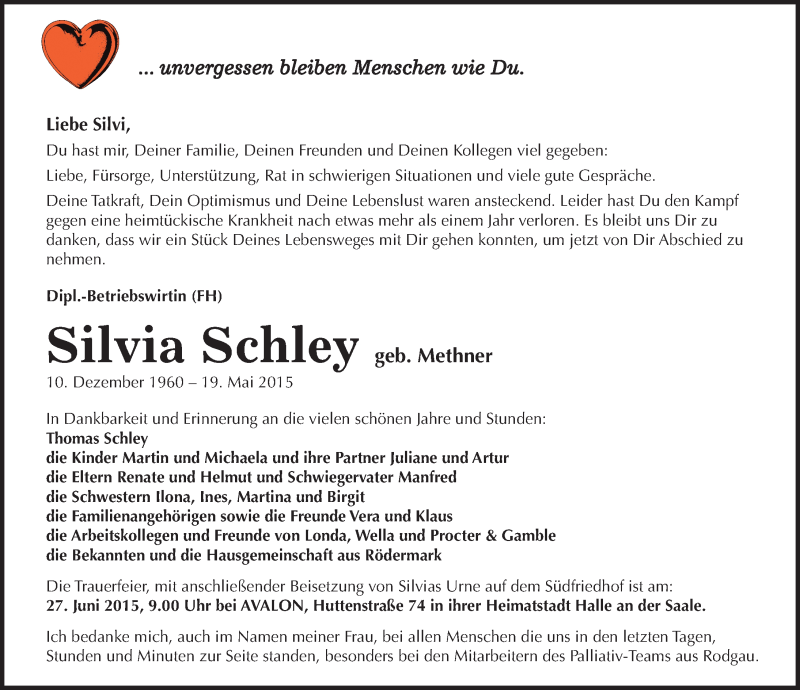  Traueranzeige für Silvia Schley vom 20.06.2015 aus Mitteldeutsche Zeitung Halle/Saalkreis