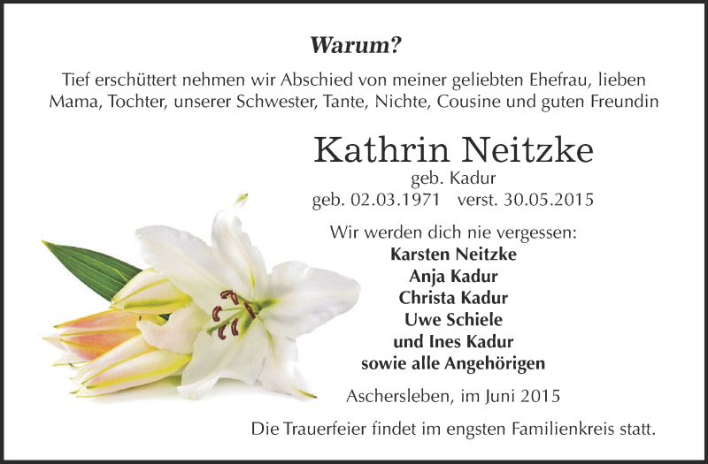  Traueranzeige für Kathrin Neitzke vom 07.06.2015 aus Super Sonntag Aschersleben