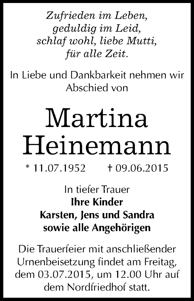  Traueranzeige für Martina Heinemann vom 17.06.2015 aus Mitteldeutsche Zeitung Halle/Saalkreis