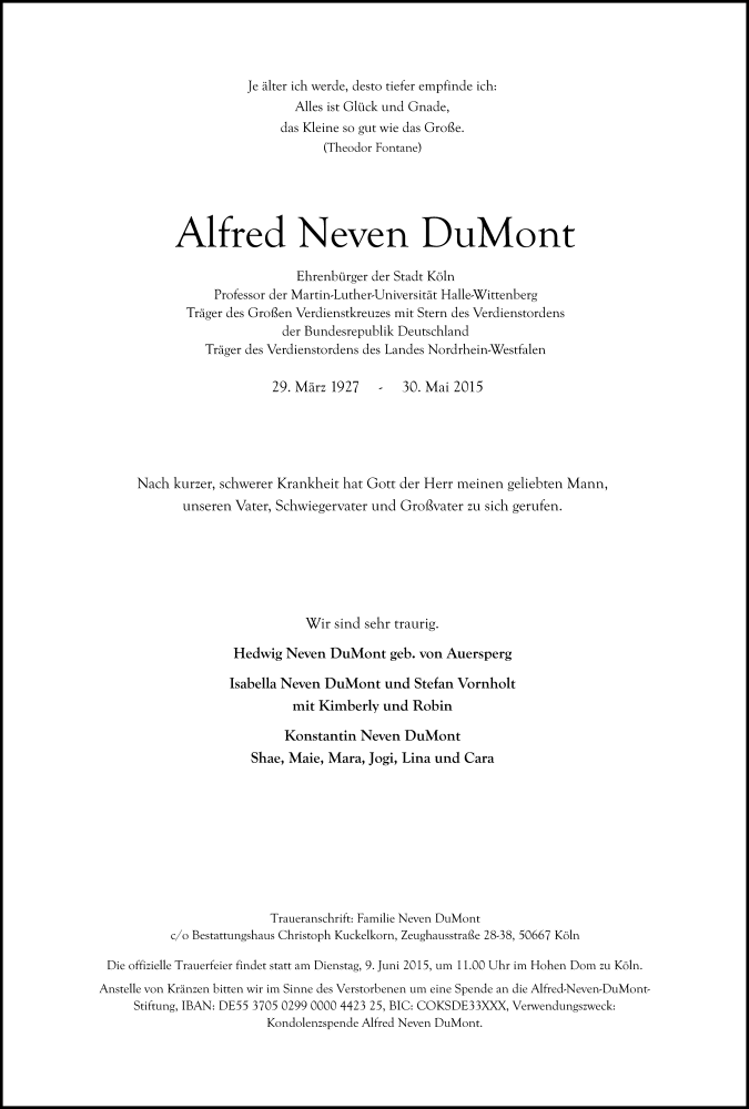  Traueranzeige für Alfred Neven DuMont vom 06.06.2015 aus Mitteldeutsche Zeitung