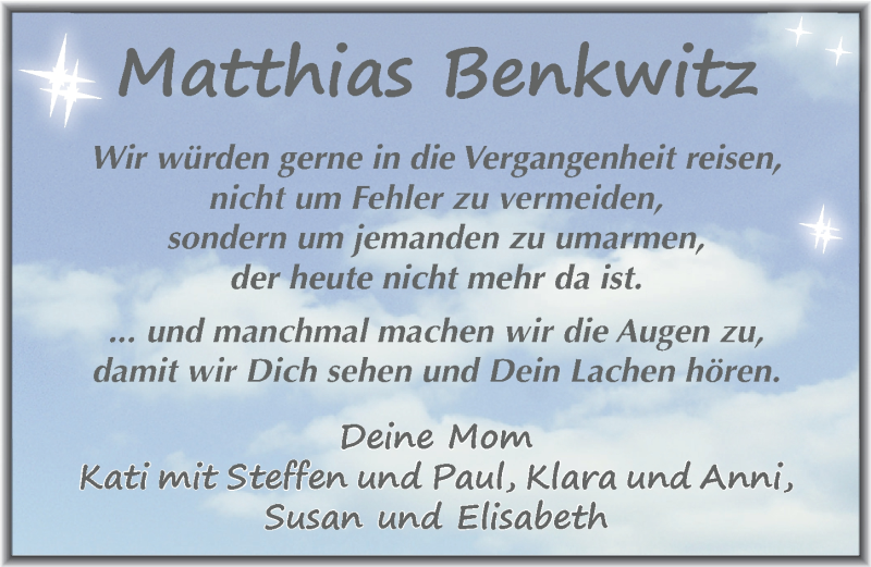  Traueranzeige für Matthias Benkwitz vom 27.06.2015 aus Mitteldeutsche Zeitung Zeitz