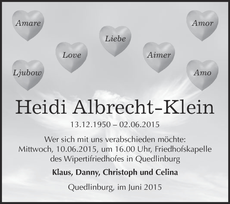  Traueranzeige für Heidi Albrecht-Klein vom 07.06.2015 aus WVG - Wochenspiegel Quedlinburg