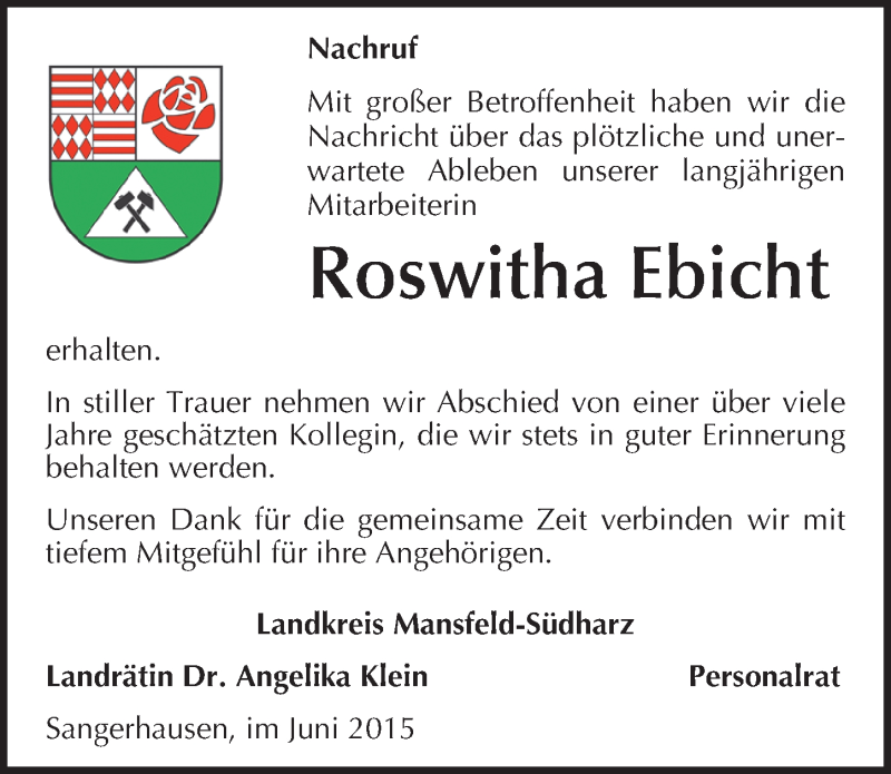  Traueranzeige für Roswitha Ebicht vom 06.06.2015 aus Mitteldeutsche Zeitung