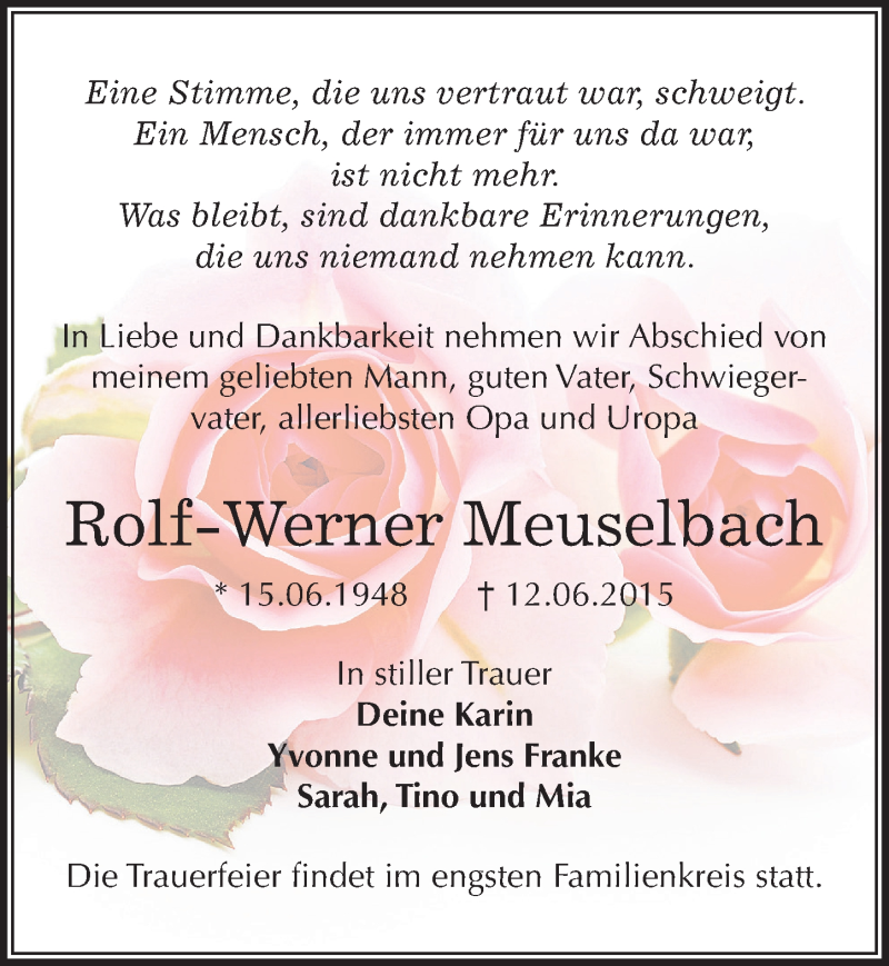  Traueranzeige für Rolf-Werner Meuselbach vom 27.06.2015 aus Mitteldeutsche Zeitung Halle/Saalkreis