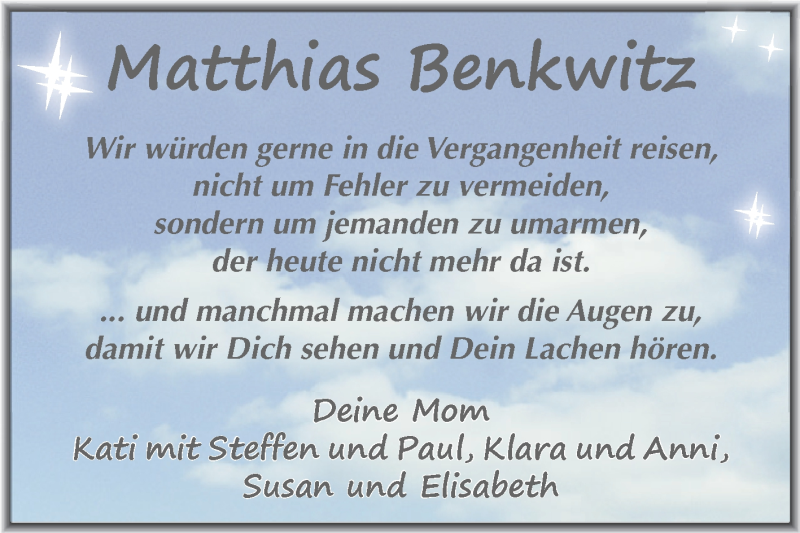  Traueranzeige für Matthias Benkwitz vom 28.06.2015 aus Super Sonntag Zeitz
