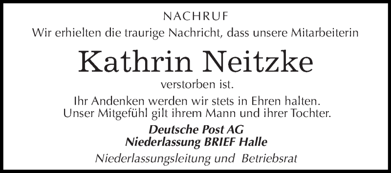  Traueranzeige für Kathrin Neitzke vom 14.06.2015 aus WVG - Wochenspiegel Halle